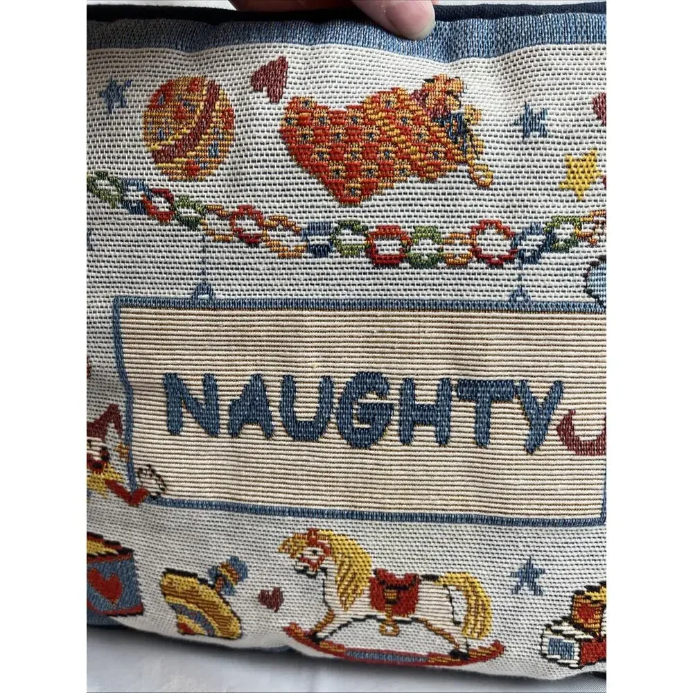 Tapestry Throw Pillow “Naughty” Christmas Decor Regtangular 12”x10”, Toy Motif
